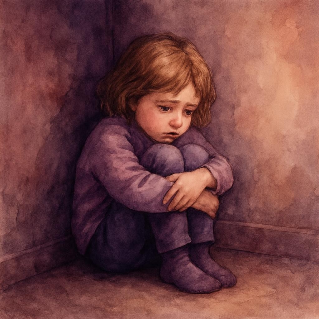 Avoidantly attachment boy crouching in corner alone