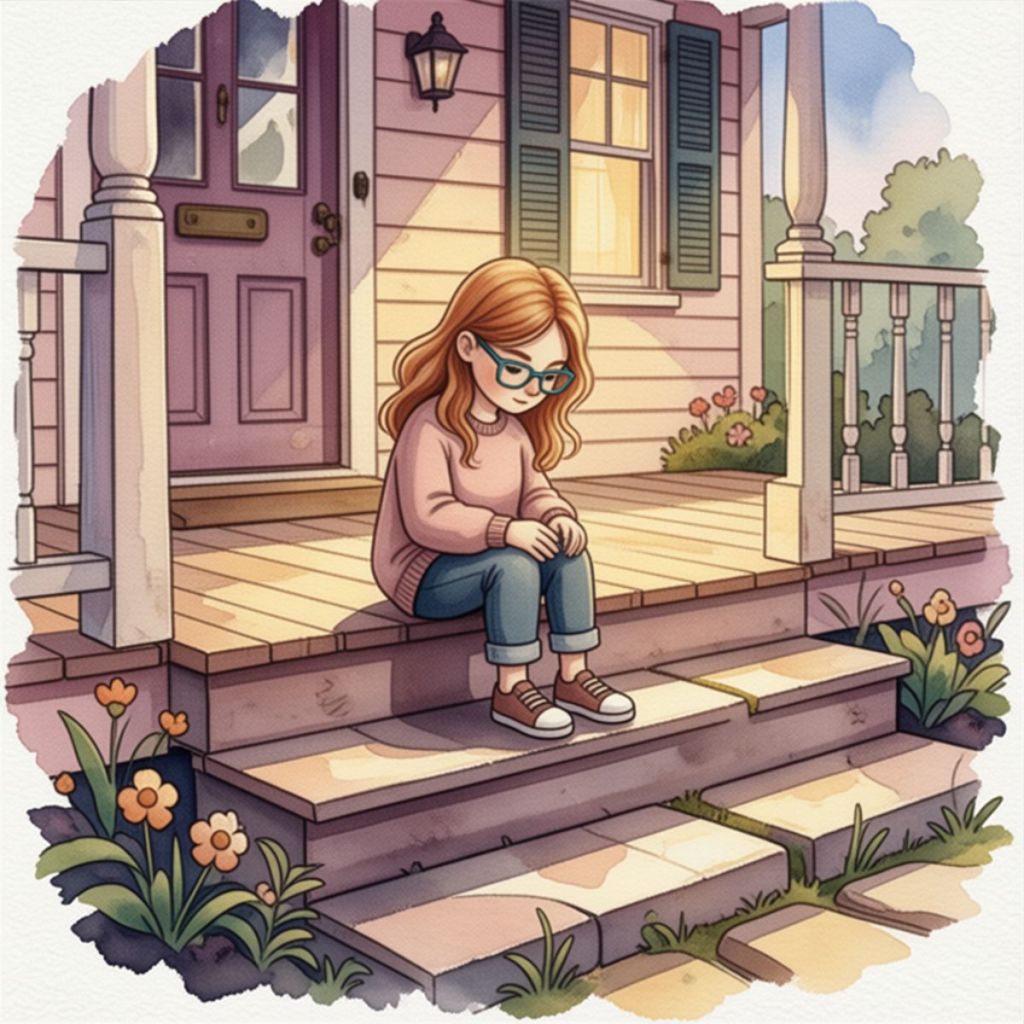 Anxious attachment wounds in childhood. young girl sitting on the front porch of her home by herself.